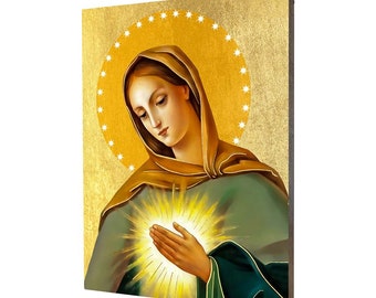 Płomień Miłości Niepokalanego Serca Maryi - prezent religijny, ręcznie wykonana ikona religijna z drewna, złocona, piękny prezent