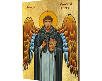 May include: A religious icon painting of Saint Vincent Ferrer, a Catholic saint. The painting depicts him in a brown robe with a book in his hand, and he has a halo above his head. The background is gold with a red inscription that reads "Święty" and a black inscription that reads "Vincent Ferrer".
