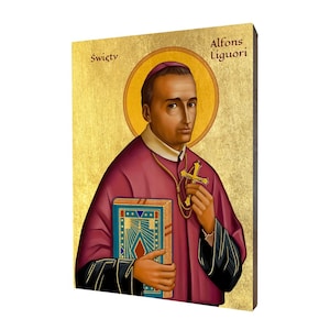 Święty Alfons Liguori - patron spowiedników - prezent religijny, ręcznie wykonana ikona religijna z drewna, złocona, piękny prezent, dostępna w 5 rozmiarach.