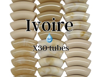 12MM- Lot of 30 curved tube beads, resin, for acrylic bracelets, waterproof, Ivory camaieu