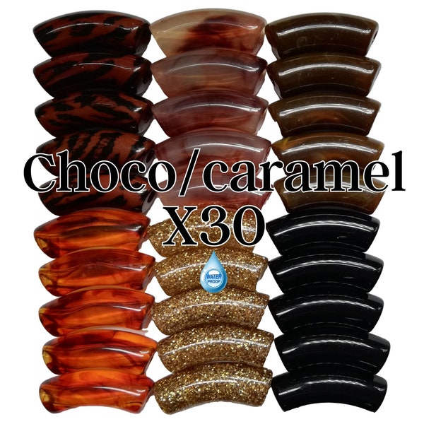 12MM- Lot de 30 perles tubes incurvés, en résine, pour bracelets acrylique, imperméable à l’eau, Camaieu Choco/caramel, perles waterproof