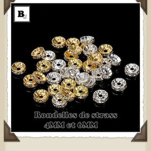 4MM ou 6MM Lot de 25 rondelles strass, intercalaires, séparateurs, dorées ou argent image 1