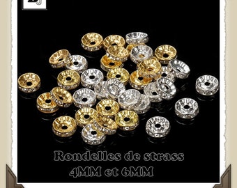 4MM ou 6MM- Lot de 25 rondelles strass, intercalaires, séparateurs, dorées ou argent