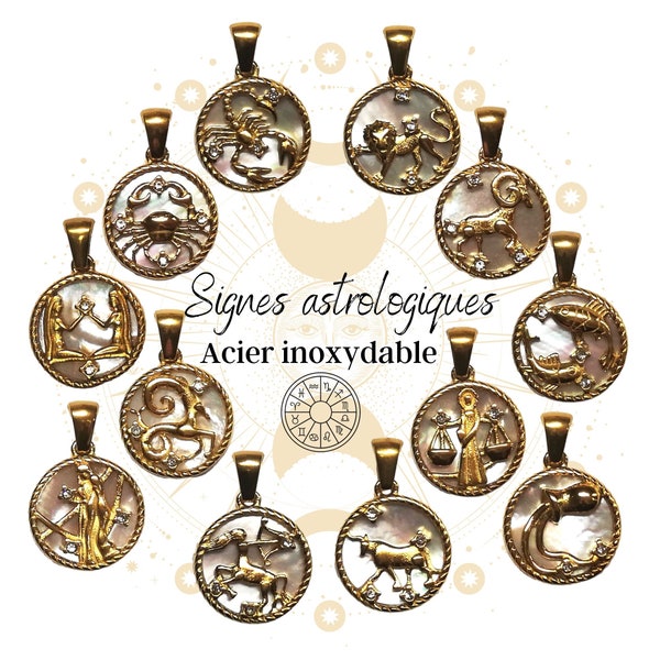 Breloques signes du zodiaques inoxydables, en relief, pendentifs médailles dorées acier inoxydable signes astrologiques médaillons nacre or