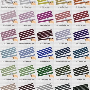 Puede incluir: Una colección de 31 cartulinas de colores, cada una con unas tijeras. Las cartulinas están etiquetadas con nombres de colores en francés, incluyendo transparente, fucsia y turquesa. Las muestras de color están dispuestas en filas y columnas.