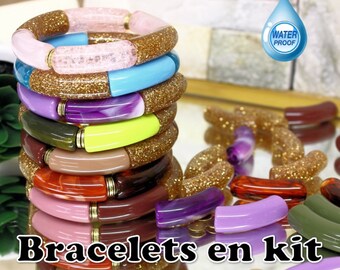 PACK kit de perles tubes incurvés pour bracelets, kits bijoux glitter doré pailletté, avec rondelles plaqué or 18k inoxydable waterproof