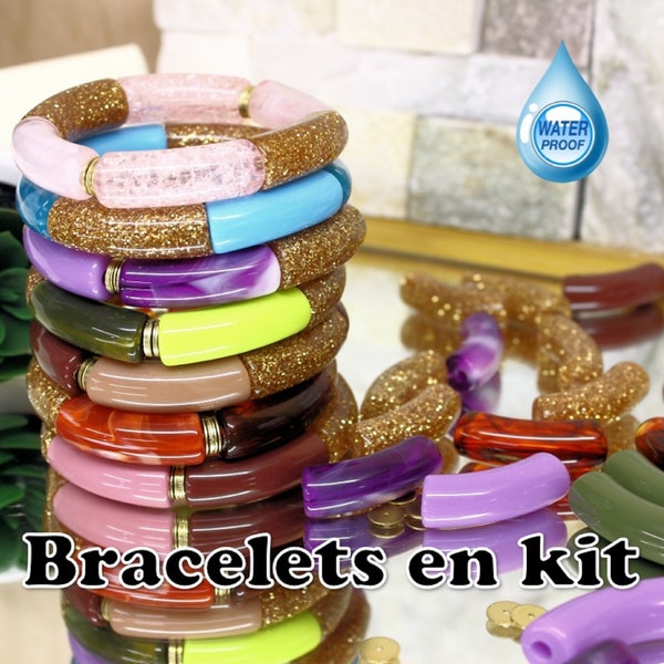 PACK kit de perles tubes incurvés pour bracelets, kits bijoux glitter doré pailletté, avec rondelles plaqué or 18k inoxydable waterproof