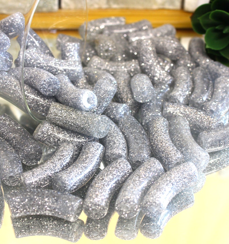 12MM Gold or silver GLITTER curved tube beads, in resin, for acrylic bracelets, waterproof Argent / silver