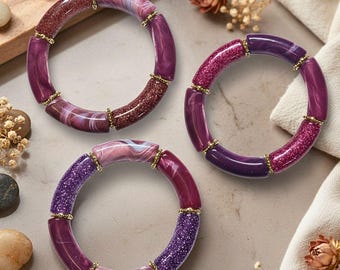 Women's multicoloured bangle bracelet, acrylic beads, colourful purple tube, trendy jewelry