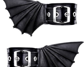 BAT CUFFS - Bracelets gothiques noirs avec ailes de chauve-souris, paire de manchettes, accessoire chaussures gothiques