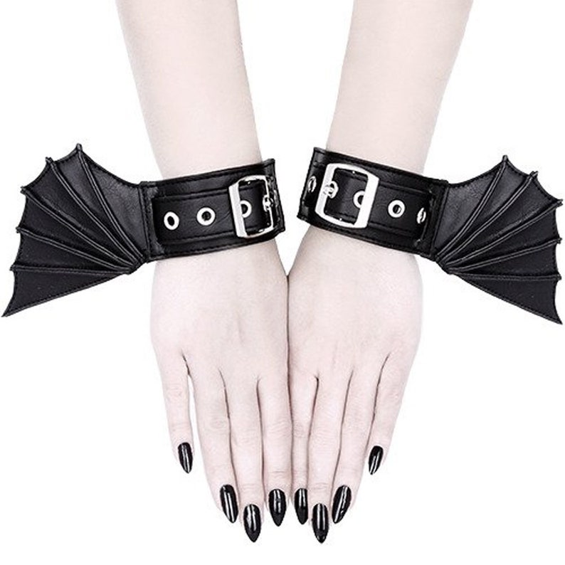BAT CUFFS Black gothic bracelets with bat wings, pair of cuffs, gothic shoes accessory image 2