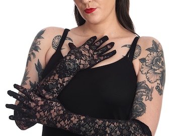 Sybil Lace Gloves Opera Elbow Length Gothic / Black Rose Lace Pattern