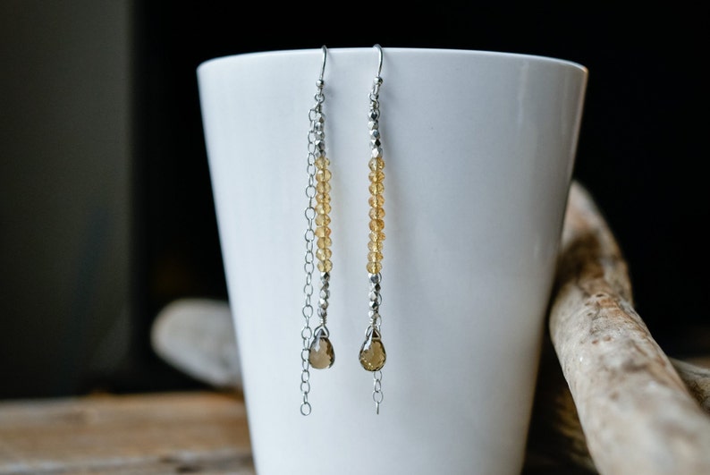 Yellow Crystal Citrine Silver Earrings Thai Silver Gemstone Bar Earrings November Birthstone Jewelry Champagne Quartz Teardrop Earrings