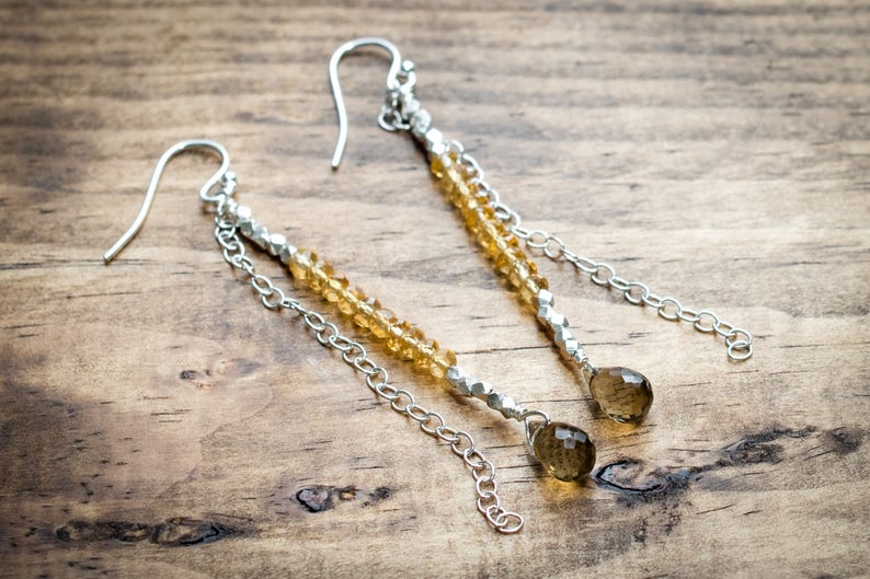 Yellow Crystal Citrine Silver Earrings Thai Silver Gemstone Bar Earrings November Birthstone Jewelry Champagne Quartz Teardrop Earrings