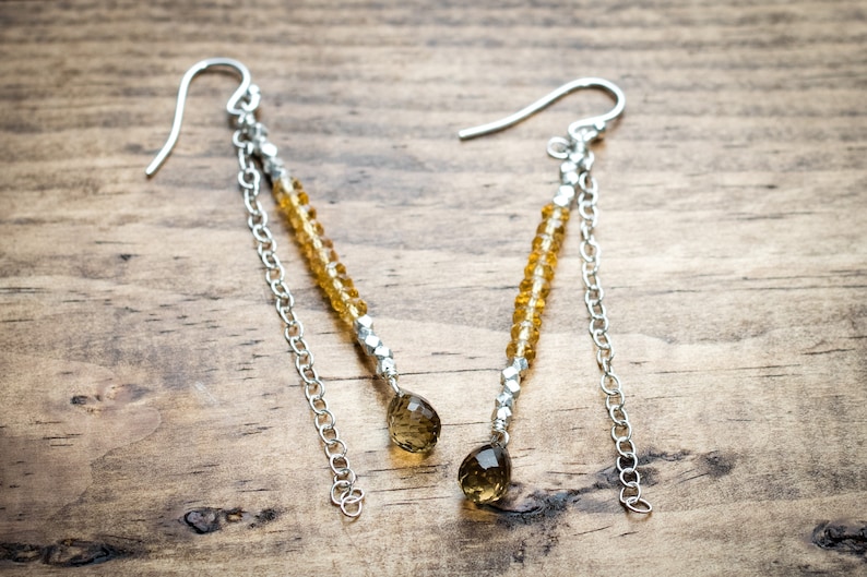 Yellow Crystal Citrine Silver Earrings Thai Silver Gemstone Bar Earrings November Birthstone Jewelry Champagne Quartz Teardrop Earrings