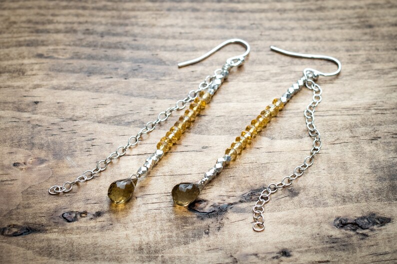 Yellow Crystal Citrine Silver Earrings Thai Silver Gemstone Bar Earrings November Birthstone Jewelry Champagne Quartz Teardrop Earrings