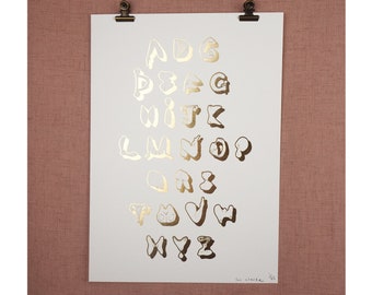 Letterpress Love Letters Alphabet Gold Foil Print -  A4 White