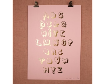 Letterpress Love Letters Alphabet Gold Foil Print - A4 pink