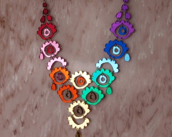 Forlorna's Garden Lace GIANT Statement Necklace - Rainbow / Wood