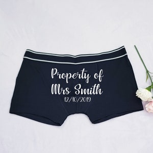 Personalised Groom Boxers, Personalised Wedding Boxers and Socks, Wedding Gift for Groom from Bride, Property of Mrs Boxer Shorts and Sock image 2