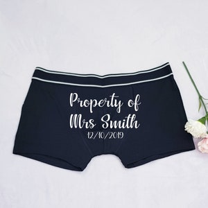 Personalised Groom Boxers, Personalised Wedding Boxers with Wedding date, Wedding Gift for Groom from Bride, Property of Mrs Boxer Shorts