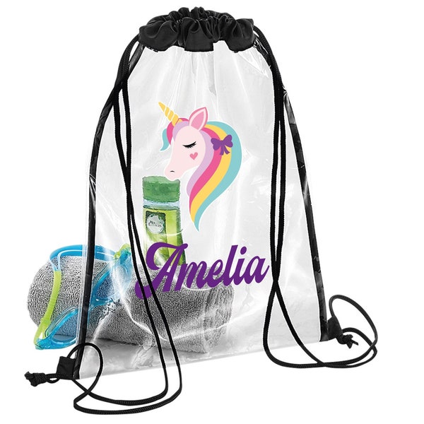 Personalised Swim Bag, Custom Name Unicorn Swimming Bag for Girls, Waterproof Swim Bags for Kids, Clear Gymsac Swim Bag for Kids