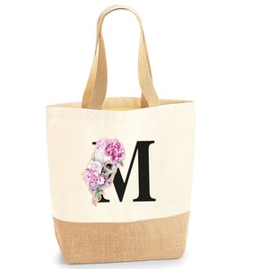 Grand sac fourre-tout personnalisé à initiales, grand sac cabas personnalisé têtes de mort et roses, sac shopping personnalisé en jute, grand cartable, cadeau gothique