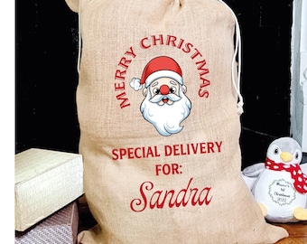 Personalised Santa Sack, Custom Name Santa Sack, Personalised Hessian Jute Christmas Sack, Christmas Eve Box Bag, First Christmas Gift