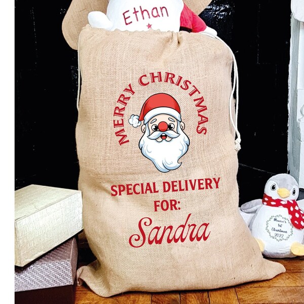 Personalised Santa Sack, Custom Name Santa Sack, Personalised Hessian Jute Christmas Sack, Christmas Eve Box Bag, First Christmas Gift