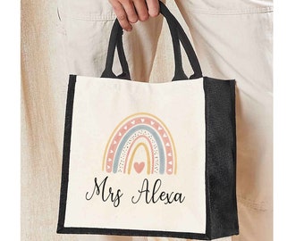 Personalised Rainbow Jute Lunch Bag Name Lunch Bag, Personalised Lunch Bag, Teacher's gift, Eco Friendly Lunch Bag Lunch Bag, Eco Lunch Bag