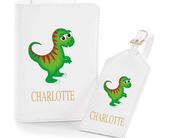 Ensemble de protège-passeport et étiquette à bagage monogramme, porte-passeport personnalisé dinosaure et étiquette à bagage, premier porte-passeport de bébé pour garçon fille