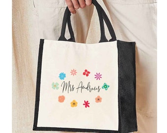 Personalized Teacher Tote Bag: Floral Wreath Design, Lunch Bag with Name