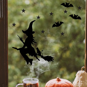 Witch and Cat on a Broomstick window sticker pack, Halloween Witch window sticker, Halloween window decoration, Halloween decoration, Autumn