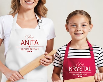 Delantal de chef personalizado para hornear con nombre propio. Ideal para cocinar en casa. Disponible en varios colores. Regalo perfecto para Navidad.