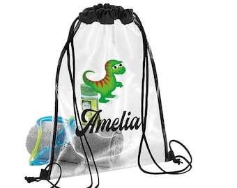 Bolsa de natación personalizada, bolsa de natación de dinosaurio con nombre personalizado para niños y niñas, bolsas de natación impermeables para niños, bolsa de natación transparente Gymsac para niños