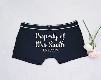 Personalised Groom Boxer Shorts Property of Wedding Date Custom Boxer Shorts for Groom Wedding Gift for Him from Bride Custom Name Underwear