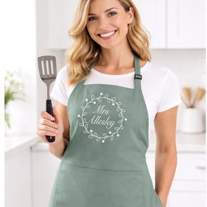 Personalised Apron, Cute Floral Design, Baking Gifts, Cooking Gift, Gift for Her, Kitchen Apron, Gifts for mum, Birthday Present, Sage Apron