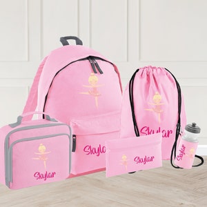 Personalized Ballerina School Bag Set: Custom Backpack, Lunch Bag, Water Bottle, P.E Bag and Pencil Case