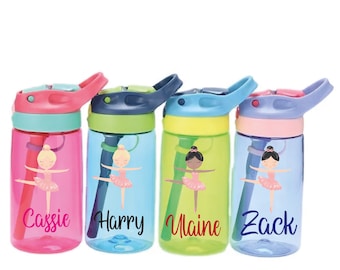 May include: Four personalized water bottles with a ballerina design. The bottles are pink, blue, green, and light blue. The names Cassie, Harry, Ulaine, and Zack are printed on the bottles.