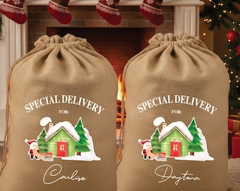 May include: Two burlap Christmas gift bags with drawstring closures. Each bag features the text "SPECIAL DELIVERY FOR:" above a graphic of a green house, snow, and a Santa Claus figure. One bag is labeled "Carlise" and the other "Daytona".