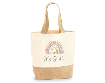 Personalised Teacher Bag with Custom Name, TA, Teaching Assistant, Nursery Staff End of Term Gift, Thank You Present Hessian Jute Tote Bag