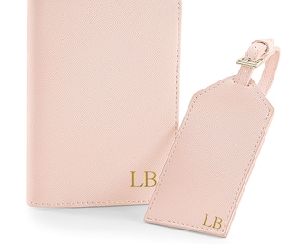 Monogram Passport Cover and Luggage Tag, Personalised Passport Holder and Luggage Tag Set, Gift for Bride and Groom, Honeymoon Gift