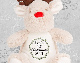 Personalised First Christmas Teddy, Baby 1st Christmas Gift, Reindeer Teddy, Penguin Soft Toy, Custom Cuddly Toy, Baby Stocking Fillers