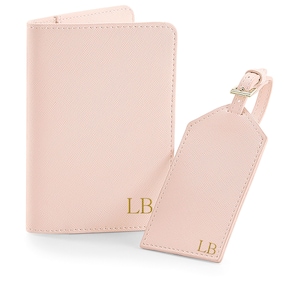 Monogram Passport Cover and Luggage Tag, Personalised Passport Holder and Luggage Tag Set, Gift for Bride and Groom, Honeymoon Gift Pink