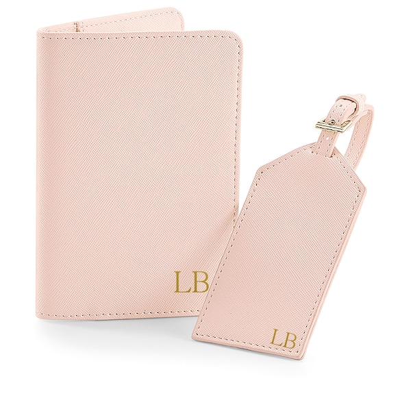 Monogram Passport Cover and Luggage Tag, Personalised Passport Holder and Luggage Tag Set, Gift for Bride and Groom, Honeymoon Gift