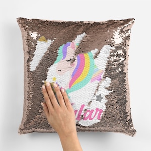 Funda de almohada personalizada con lentejuelas y cara de unicornio, reversible, con lentejuelas de sirena, ideal como regalo de cumpleaños o Navidad.
