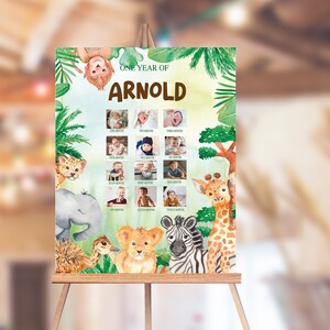 Póster personalizado del primer año del bebé con temática de safari en la jungla, collage de fotos del primer cumpleaños, collage de fotos de Wild One, tablero con imágenes del año.