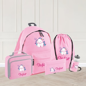Cartable licorne personnalisé pour enfants, sac à dos licorne prénom, gourde licorne, sac en PE et sac à lunch licorne, trousse licorne