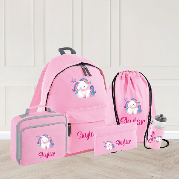 Personalised Unicorn School Bag for Kids, Name Unicorn Back Pack, Unicorn Water Bottle, Unicorn PE Bag and Lunch Bag, Unicorn Pencil Case