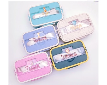 Personalised Kids Lunch Box, Kids Lunch Bag, Character Lunch Box for Boys, Girls, Custom Name Bento Box, Reusable Snack Box with Spoon, Fork